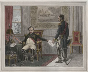 Napoleon ondertekent zijn abdicatie 1814 - Napoleon Bonaparte (1769-1821) in Fontainebleau tijdens zijn eerste abdicatie, ondertekend in april 1814 Gravure in 