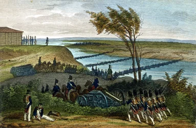 Napoleontische oorlog: Russische campagne. Oversteek van de rivier Niemen (Dnjemen) op 24/06/1812, die de twee rijken scheidt. Gravure uit de 19e eeuw