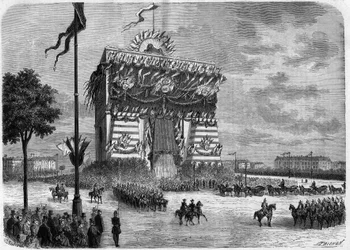 Nasir Al-Din (1831-1896), sjah van Perzië, bezoekt Parijs. Plechtige ontvangst bij de rotonde van de triomfboog van de ster