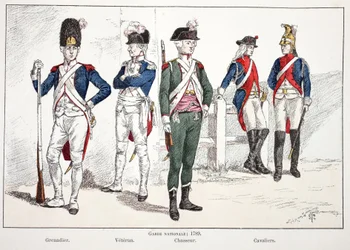 Nationale Garde, in 1789, van links naar rechts: de grenadier, de veteraan, de jager en de ruiters. Kleurenets ter illustratie van het boek "Geschiedenis van het korps van vredesbewakers", uitgegeven onder auspiciën van Louis Lépine (1846-1933), pre