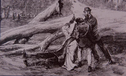 Ned Kelly gevangen door politieagent Kelly en spoorwegman Jesse Dowsett, 28 juni 1880