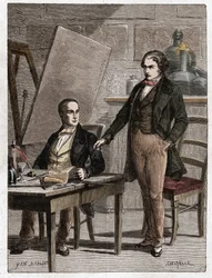Niepce leest aan Louis Daguerre de beschrijving van Heliografie voor, voor het vastleggen van beelden uit camera obscura - Nicephore Niepce (1765-1833), Franse uitvinder, pionier van de fotografie leest aan Daguerre de beschrijving van zijn methode voor