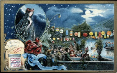 Nacht, nachtfeest verlicht met lantaarns, bij een meer - Liebig chromolithografie