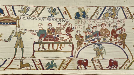 Normandische dienaren bereiden een banket voor Willem en bisschop Odo zegent de maaltijd, Tapijt van Bayeux