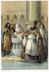 Notger (930 - 1008), bisschop van Luik, tijdens de doop van Otto III (980-1002), koning van Duitsland. Chromolithografie uit de 19e eeuw