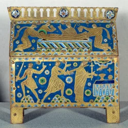 Kunstvoorwerp: jachttafereel in email, goud en koper van de heilige Thomas Becket (1118-1170), aartsbisschop van Canterbury. Het is versierd met voorstellingen van de moord op de aartsbisschop op 29/12/1170 in de kathedraal van Canterbury en zijn