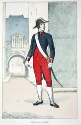 Vredesofficier (1802). Kleurgravure, ter illustratie van het boek Histoire du corps des gardiens de la paix, gepubliceerd onder auspiciën van Louis Lepine (1846-1933) prefect van politie van de Seine, door Alfred Rey (1864-?) en Louis Feron (1862-?).
