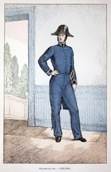 Vredesofficier (1841-1848). Kleurgravure, ter illustratie van het boek Histoire du corps des gardiens de la paix, gepubliceerd onder auspiciën van Louis Lepine (1846-1933) prefect van politie van de Seine, door Alfred Rey (1864-?) en Louis Feron (1862-?).