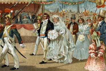 Oude gewoonte gevierd in de Île-de-France-regio: de Rosière de Nanterre. Chromolithografie van het einde van de 19e eeuw.