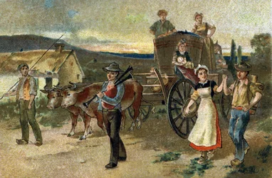 Oude gewoonte gevierd in de regio Bourgondië: Oogstfeest. De laatste oogst. Chromolithografie uit de late 19e eeuw.