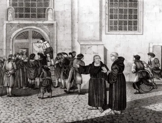 Op 31/10/1517 spijkerde Luther zijn 95 stellingen aan de poorten van het kasteel van Wittenberg, waarin hij de verkoop van aflaten aan de kaak stelde en die het begin van de Reformatie markeerden - gravure