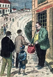 Tegenstelling tussen seculiere school en privéschool in Frankrijk Karikatuur uit "Le pelerin" 24/03/1912 Collecte privee