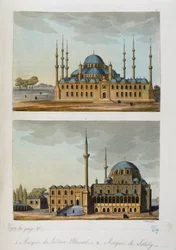 Ottomaanse Rijk: Blauwe Moskee (of Sultanahmet Camii) gebouwd door Sultan Ahmet (Ahmed) I en Moskee van Laleli in Istanbul - in "Het oude en moderne kostuum" door Ferrario, ed. Milaan