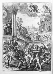 Ovidius - illustratie voor boek 15 - (P. Ovidii Nasonis Metamorphose libri XV met notities van TH. Farnabii.) notitie door Thomas Farnaby (Farnabia) (1575-1647)