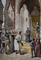 PERKIN WARBECK (c1474-1499) Vlaamse bedrieger; beweerde Richard, Hertog van York, tweede zoon van Edward IV te zijn - Leest zijn bekentenis voor buiten Westminster Hall, Londen
