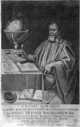 Giovanni Luciano Magini, wiskundige en astronoom, in zijn kantoor met astronomische apparaten. Gravure 1617