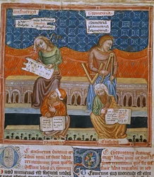 Pagina van een manuscript met de allegorieën van Rekenkunde en Geometrie