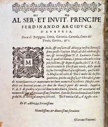 Opdrachtpagina aan Ferdinand van Oostenrijk in muzikale partituur van Sinfonie musicali door Ludovico Viadana