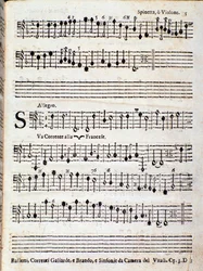 Pagina van de partituur van Balletti, correnti alla francese opus 3 door Giovanni Battista Vitali