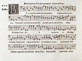 Pagina van muziekpartituur van Beati quorum psalm XIII door Willaert (1538)