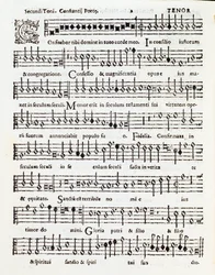 Pagina van muzikale partituur van Confitebor tibi domine psalm opgedragen aan Palestrina door Costanzo Porta
