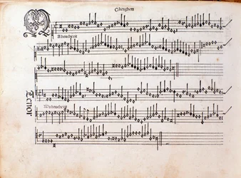 Pagina van bladmuziek van Harmonice Musices Odhecaton door Ottaviano Petrucci (1501)