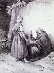 Handlijnkunde: een oude waarzegger leest de hand van een jong meisje (Gravure)