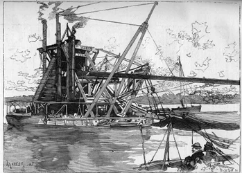 Werken aan het Panamakanaal. Hoofdwerktuigen: de grote Amerikaanse bagger. Gravure in "Le Monde Illustré"