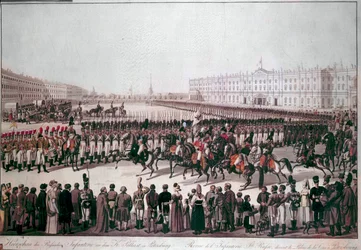 Parade van de Russische Infanterie. Prenten uit het begin van de 19e eeuw.