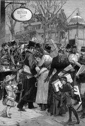 Parijs: Pakketweek: Parijzenaars winkelen en kopen speelgoed voor kerstcadeaus. Gravure in "Le Monde Illustré"