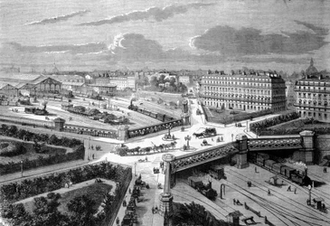 Parijs, de nieuwe plaats van Europa op de westelijke spoorwegen. 1868. Gravure uit de 19e eeuw.