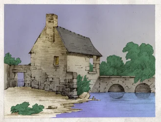 Boerenhuis aan de rand van een rivier (tekening, circa 1830)