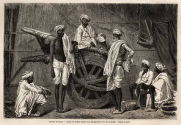 Boeren uit Scind (Punjab-regio, India), naast hun landbouwmachines. Gravure ter illustratie van de reis naar Pandjab en Kashmir, verhaal door Guillaume Lejean, in 1866, gepubliceerd in 