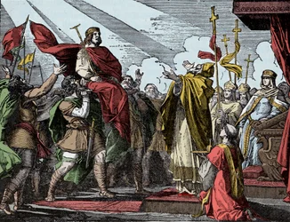 Pepijn uitgeroepen tot koning der Franken - Zalving van Pepijn de Korte (714-768), basiliek van Saint-Denis, 28 juli 754: paus Stefanus II wijdde hem tot koning der Franken en patriciër van de Romeinen (Patricius Romanorum).