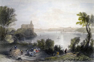 Kasteel Persenberg in Duitsland. Op de voorgrond de houtbewerkers aan het werk. Gravure uit de 19e eeuw.