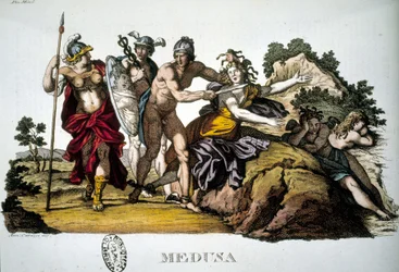 Perseus en de Medusa, een van de drie Gorgonen - in Dizionario mitologico