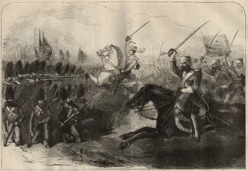 Perzisch-Anglo (Anglo-Perzische) Oorlog (1856-1857): de aanval van de 3e Britse Indo-cavalerie onder bevel van kapitein Forbes tijdens de Slag bij Koosh-Ab op 8 februari.