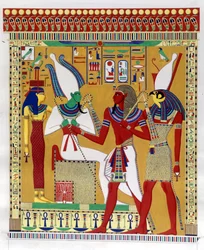 Farao Merenptah I (of Mineptah, Merneptah) (1213-1204 v.Chr.) geleid door Horus in de aanwezigheid van Osiris en Athyr infernaal. Van links: Athyr, Osiris, Merenptah I en Horus. (Biban-el-Moluk) - in “Monumenten van Egypte en Boven-Nubië” door Ippolito Ros
