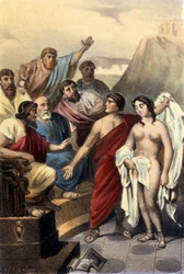 Phryne, Griekse courtisane, voor de rechters van Athene