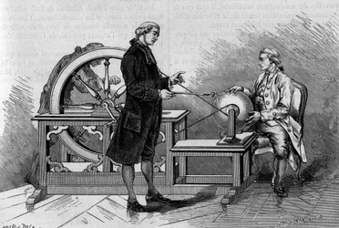 Fysica-experiment in de 18e eeuw: gloed geproduceerd door een elektrische machine. (Van Abbe Nollet). Gravure in 