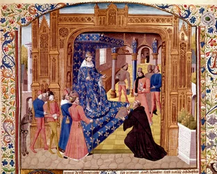 Pierre de Bressuire biedt zijn boek aan Jan II de Goede aan op het eiland de Cite in Parijs. Miniatuur uit 