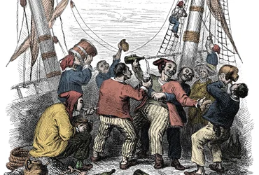 Piraten vieren de verovering van een rijke buit na de aanval op een vijandelijk schip. Gravure uit de 19e eeuw