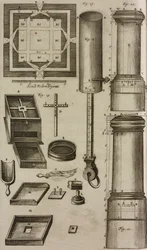 Plan van een kruitvat en gereedschap voor de bereiding en opslag van kruit, gravure uit Grand Art d