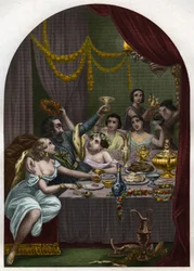 Paus Alexander VI (1431-1503) (Alessandro, Rodrigo Borgia): Rodrigo Borgia viert het huwelijk van zijn dochter Lucrezia Borgia met 50 courtisanes in het Vaticaan. Gravure uit 1842 in “Histoire des popes: crimes, murders, poisonings, parricides, adulteres