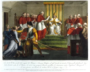 Paus Pius VII (1742 - 1823) excommuniceerde Napoleon Bonaparte op 10 juni 1809. Gravure uit de 19e eeuw