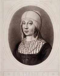 Portret in medaillon van Isabella I de Katholieke van Castilië - gravure