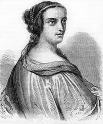 Portret van Anne de Beaujeu, Anne van Frankrijk (1462-1522), hertogin van Bourbon, dochter van Lodewijk XI. Gravure uit de 19e eeuw.