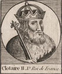 Portret van Clothaire II (584-628), koning van Neustrië en koning van de Franken. Gravure uit 