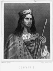 Portret van Clovis II (? - 657), Koning van Neustrië, Bourgondië en Austrasië - in “Histoire des Français” door Lavallée, gravure, sd