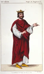 Portret van Dagobert I (? - 639), Koning van de Franken, Dynastie van de Merovingen (gravure 1830)
